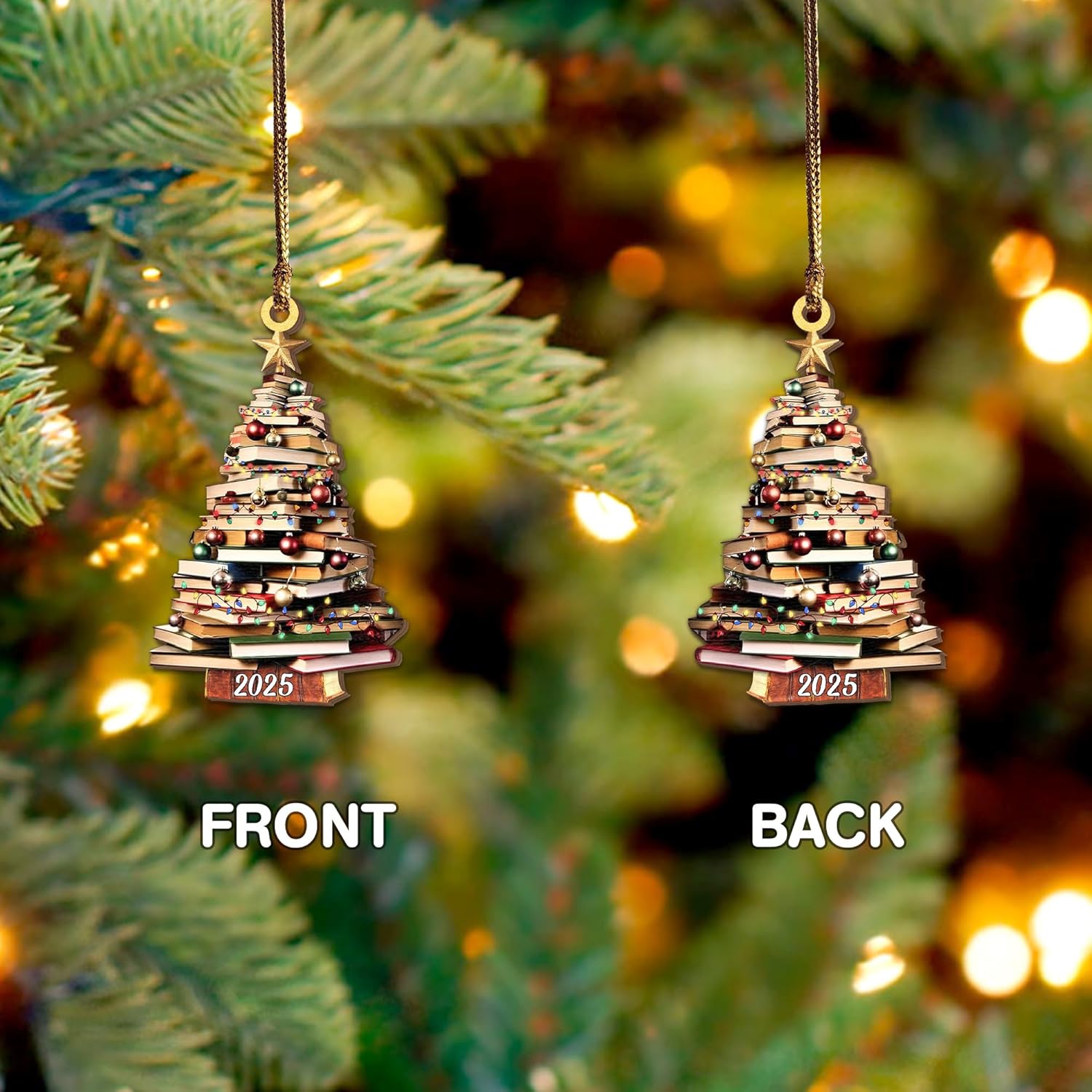 Pack 2 Book Tree Christmas Ornament (1 Wood+1 Acrylic), 2024 Bookworm Christmas Ornaments 2D Flat, Bookshelf Xmas Ornament, Gift for Lover Reading Teacher, Librarian, Book Nerd Friends Keepsake Gifts