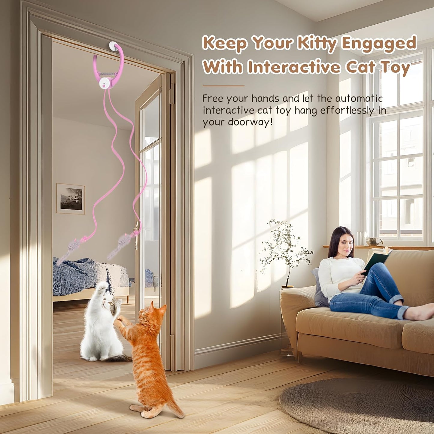Cat Toy Interactive for Indoor Cats, Smart USB Rechargeable Door Hanging Automatic Retractable Kitten Toys, Teaser Electronic USB Self Play Feather Cat String Toy Attached with 3 Catnip Mice