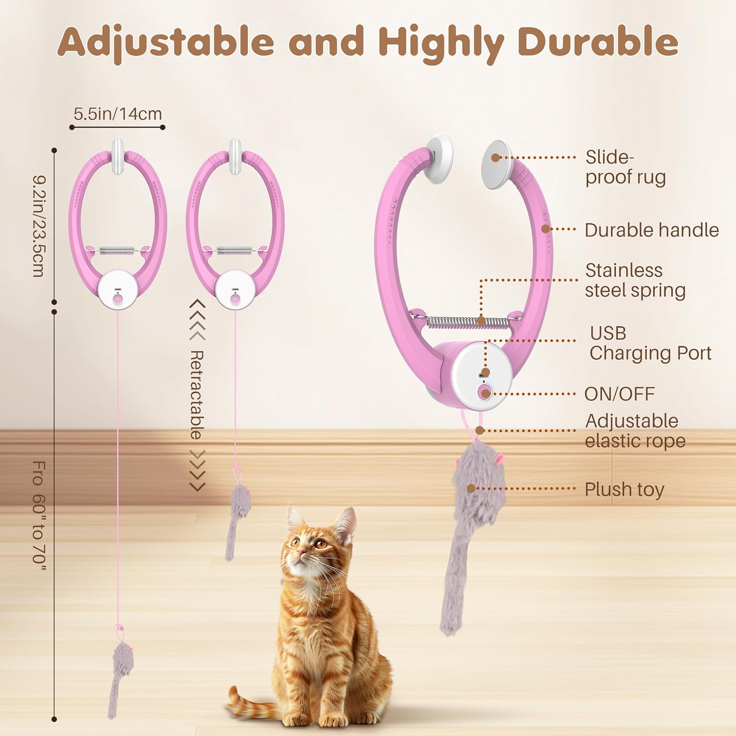 Cat Toy Interactive for Indoor Cats, Smart USB Rechargeable Door Hanging Automatic Retractable Kitten Toys, Teaser Electronic USB Self Play Feather Cat String Toy Attached with 3 Catnip Mice