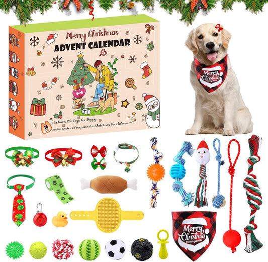 Dog Advent Calendar 2025, Christmas Dog Toys Chew Ropes Squeaky Balls Teething Toys Bow Tie Collars Bandana, 24 Set Christmas Countdown Calendar Gift for Dog Puppy