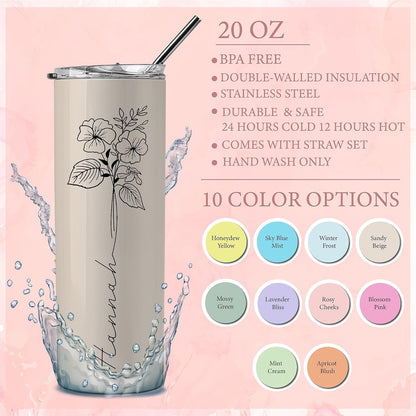 Birthday Gifts for Women, Personalized Tumblers with Birth Flower and Name, 10 Colors - 20 Oz, Skinny Tumblers for Women