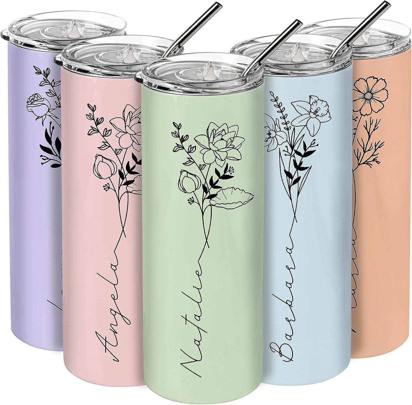 Birthday Gifts for Women, Personalized Tumblers with Birth Flower and Name, 10 Colors - 20 Oz, Skinny Tumblers for Women
