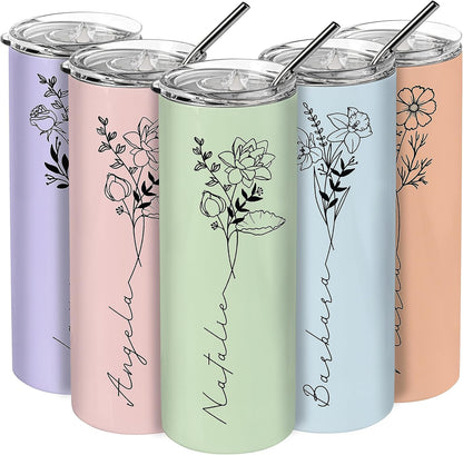 Birthday Gifts for Women, Personalized Tumblers with Birth Flower and Name, 10 Colors - 20 Oz, Skinny Tumblers for Women
