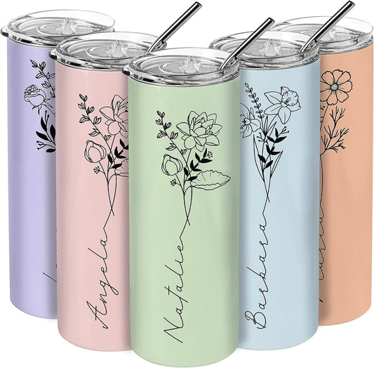 Birthday Gifts for Women, Personalized Tumblers with Birth Flower and Name, 10 Colors - 20 Oz, Skinny Tumblers for Women