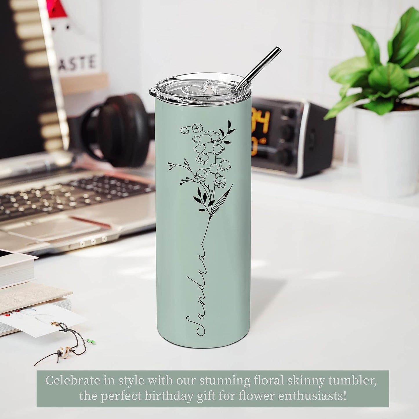Birthday Gifts for Women, Personalized Tumblers with Birth Flower and Name, 10 Colors - 20 Oz, Skinny Tumblers for Women