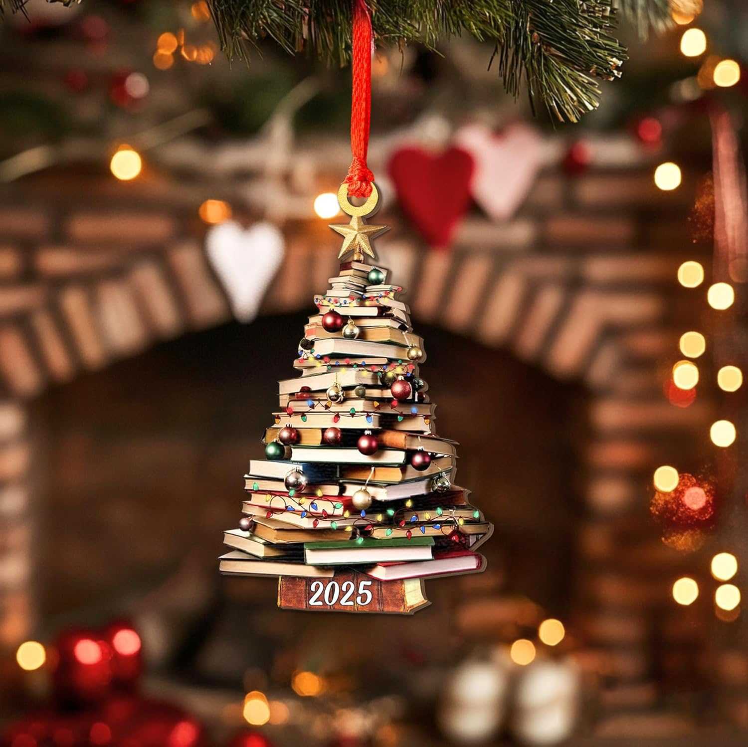Pack 2 Book Tree Christmas Ornament (1 Wood+1 Acrylic), 2024 Bookworm Christmas Ornaments 2D Flat, Bookshelf Xmas Ornament, Gift for Lover Reading Teacher, Librarian, Book Nerd Friends Keepsake Gifts
