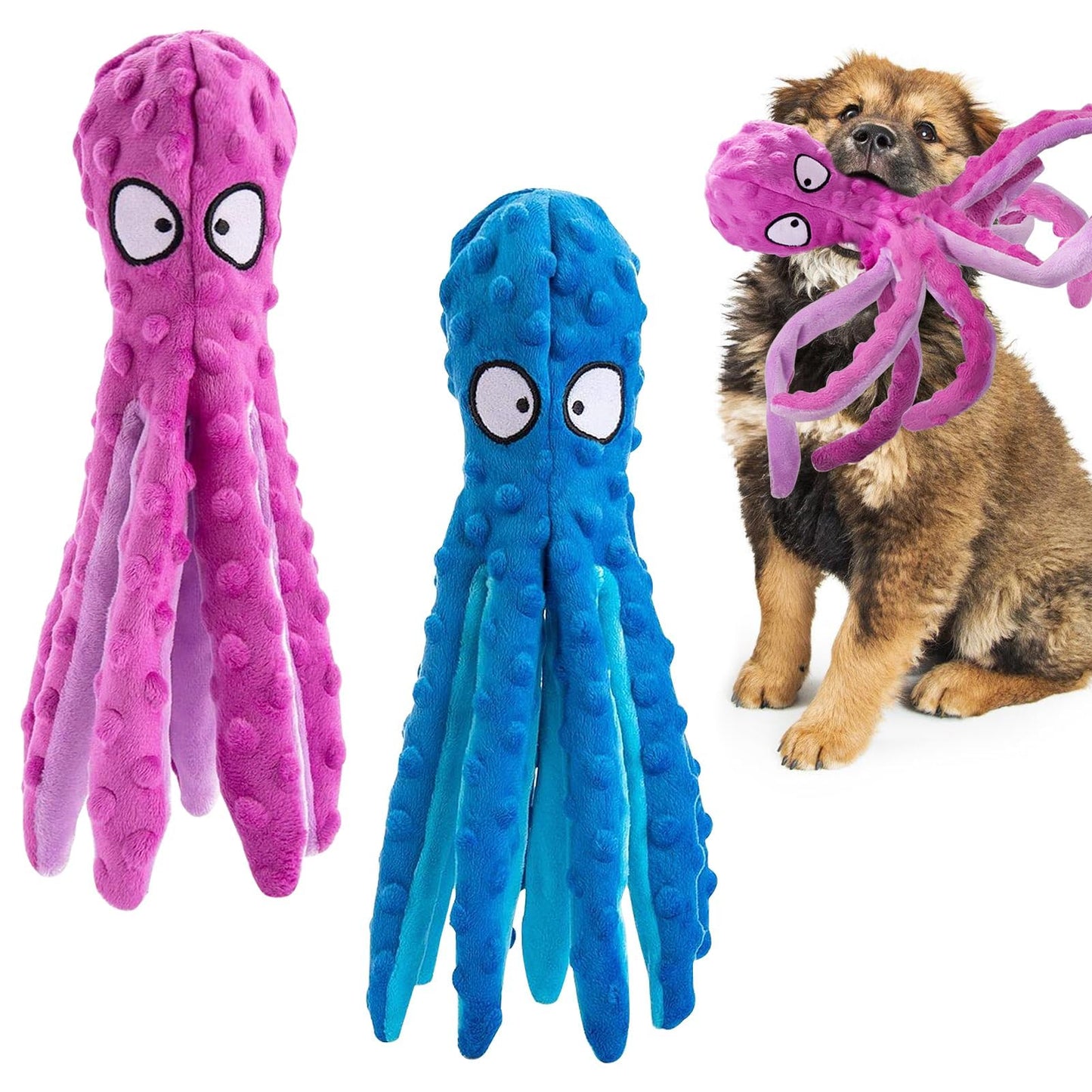 Alphatool Squeaky Dog Toys - 3pcs Soft Plush Chew Crinkle Puppy Toys to Keep Them Busy, Octopus No Stuffing Interactive Essentials for Teething Small Medium Pets Dogs Gifts