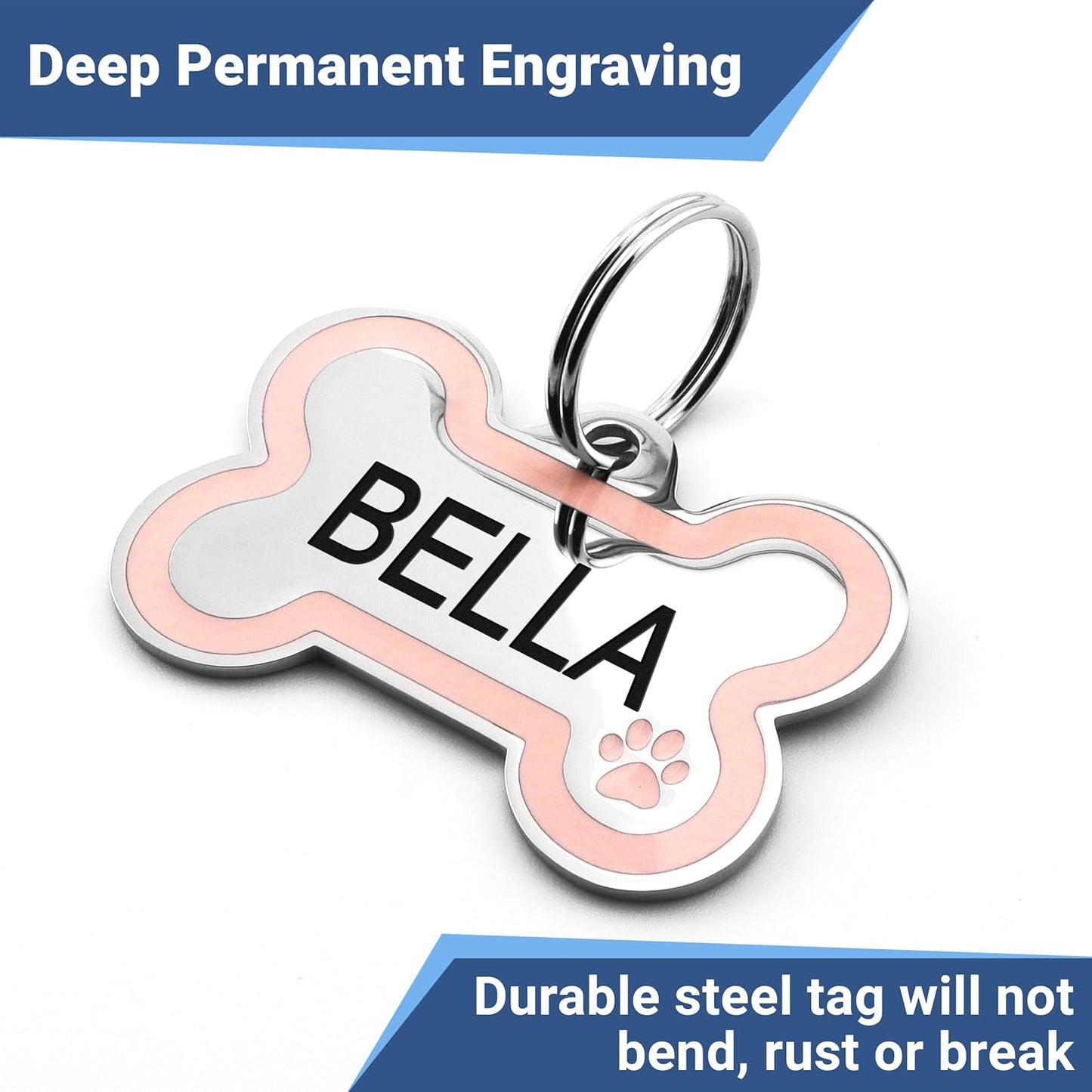 PetTags Stainless Steel Pet ID Bone Round and Heart Shaped Tags with Enamel Paw Design, Personalized Dog and Cat Tags