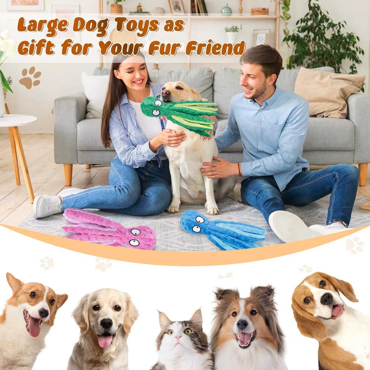 3 Pack Dog Toys for Small Dogs, Medium Dogs, Large Dogs, Puppy Teething Chew Toys, aggressive chewers, No Stuffing Crinkle Plush Dog Toys, Dog Squeaky Octopus Toys