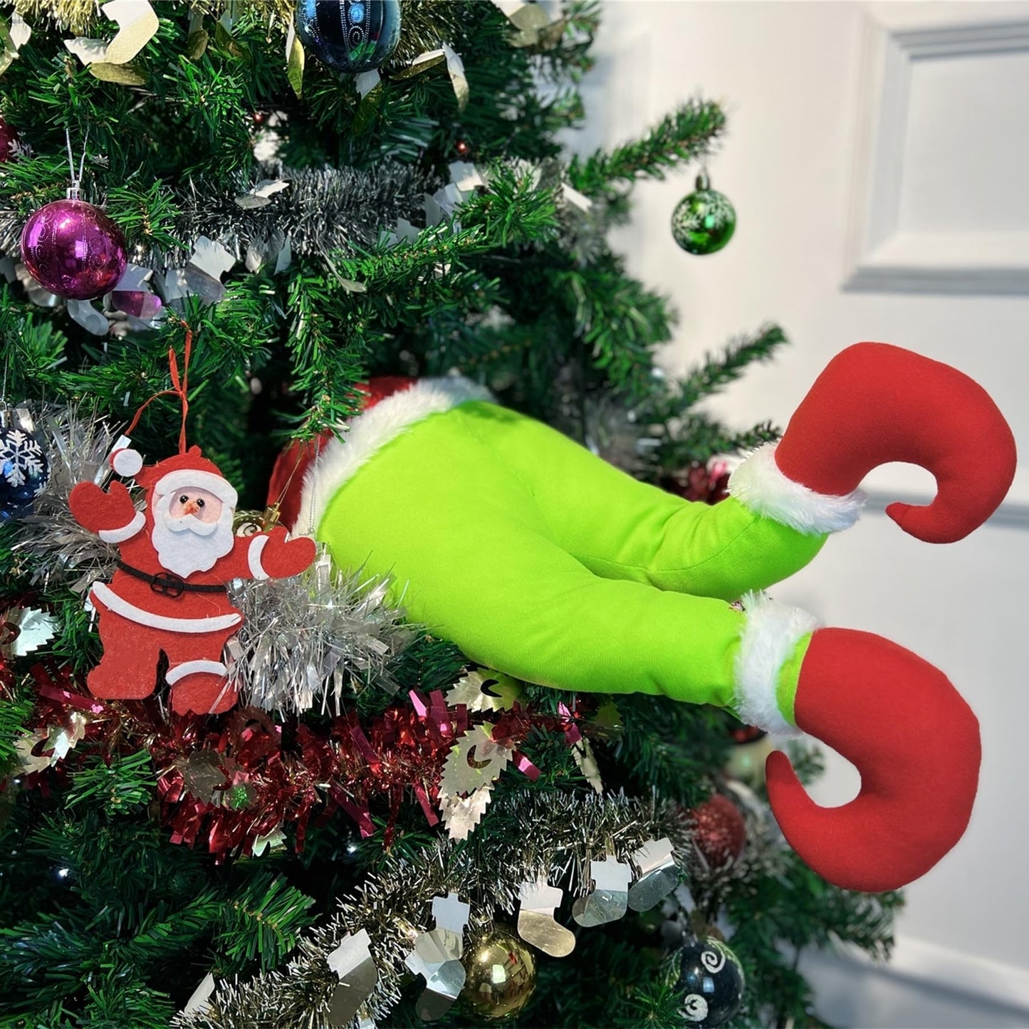 Christmas Elf Body Tree Decorations, 20.5 inche Green Monster on The Window, Pose-able Christmas Stuffed Leg for Christmas Tree Wall Door and Windows Ornament (20.5x9.2 inch, Legs with Suction Cups)