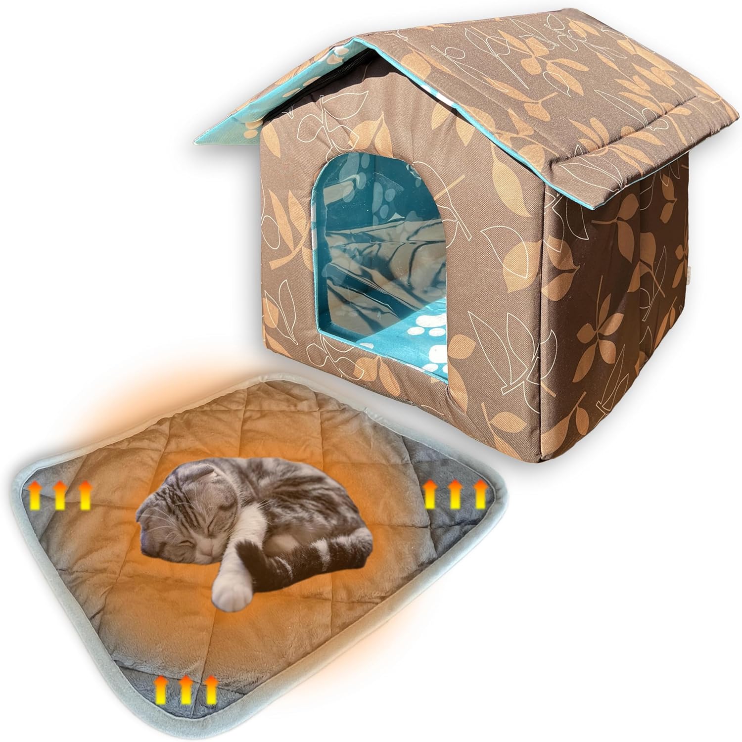 Outdoor Indoor Winter Pet House with Self Warming Pad & Transparent Curtain, Weatherproof Heat Insulated Shelter Enclosure for Cats Dogs Rabbits, Portable Collapsible Waterproof Tent for Feral Animals