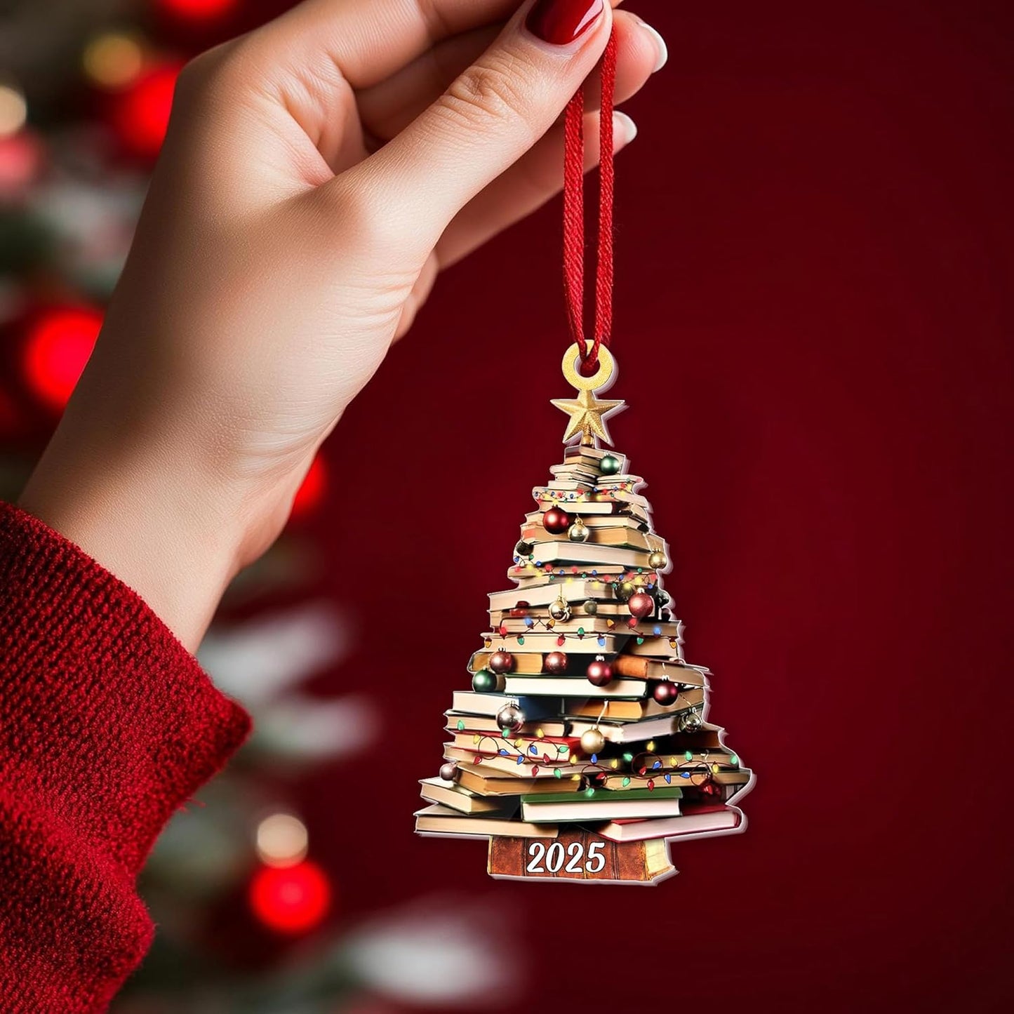 Pack 2 Book Tree Christmas Ornament (1 Wood+1 Acrylic), 2024 Bookworm Christmas Ornaments 2D Flat, Bookshelf Xmas Ornament, Gift for Lover Reading Teacher, Librarian, Book Nerd Friends Keepsake Gifts