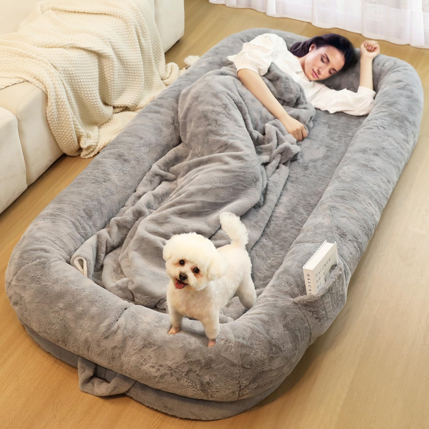 Human Dog Bed for Adults, 46 x 10 x 76 Long Human Size Dog Bed, Removable Cover, Orthopedic Design, [Light Grey]