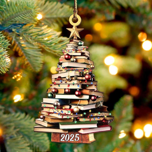 Pack 2 Book Tree Christmas Ornament (1 Wood+1 Acrylic), 2024 Bookworm Christmas Ornaments 2D Flat, Bookshelf Xmas Ornament, Gift for Lover Reading Teacher, Librarian, Book Nerd Friends Keepsake Gifts