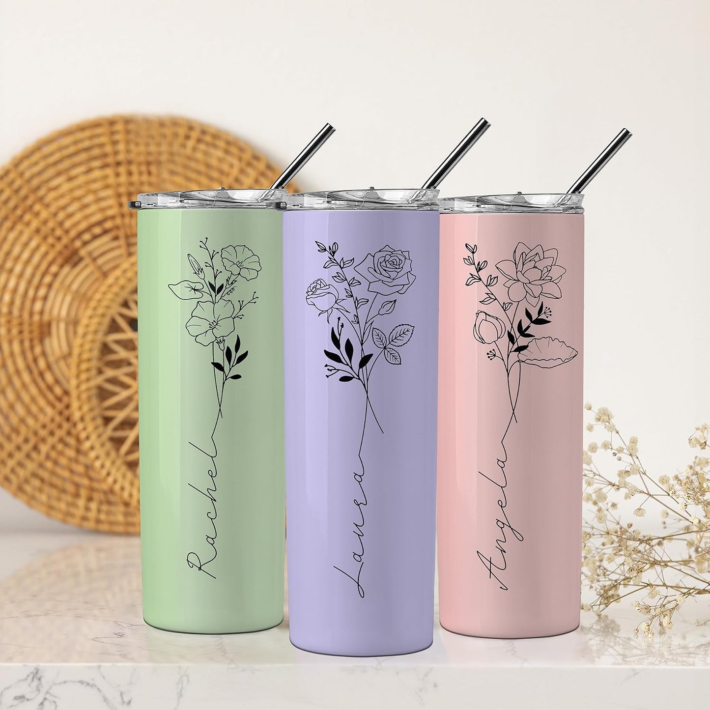 Birthday Gifts for Women, Personalized Tumblers with Birth Flower and Name, 10 Colors - 20 Oz, Skinny Tumblers for Women