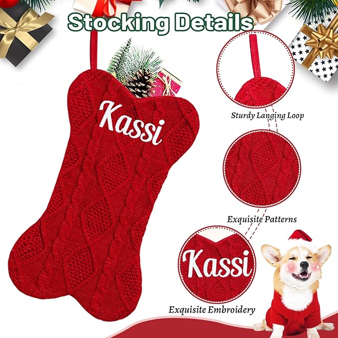 Personalized Christmas Stocking for Dogs & Cats – Large Bone Shape Pet Stocking, Custom Name, Hanging Holiday Decor