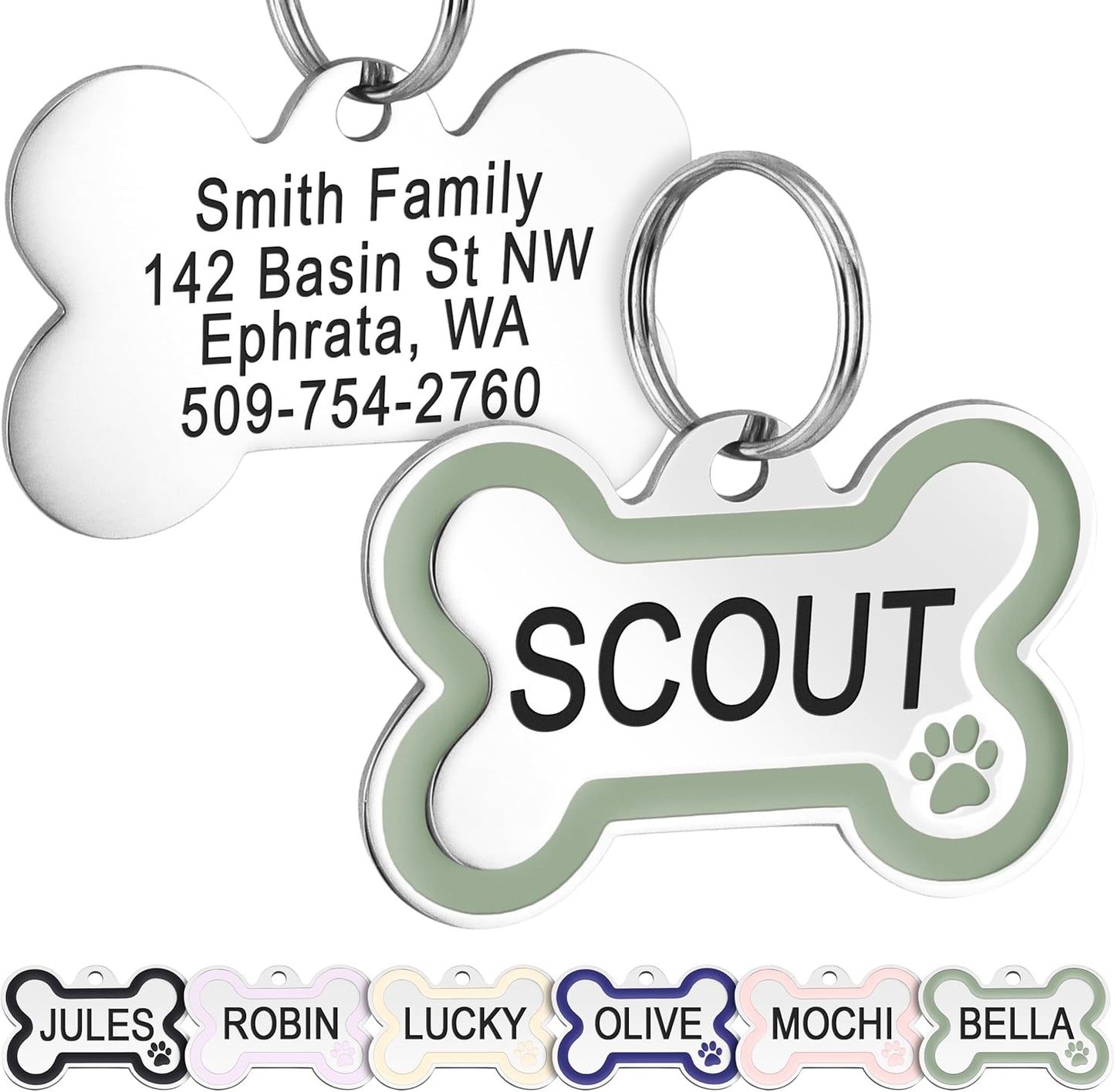 PetTags Stainless Steel Pet ID Bone Round and Heart Shaped Tags with Enamel Paw Design, Personalized Dog and Cat Tags