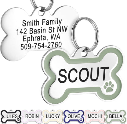 PetTags Stainless Steel Pet ID Bone Round and Heart Shaped Tags with Enamel Paw Design, Personalized Dog and Cat Tags