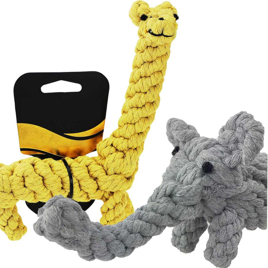 Puppy Dog Rope Toy for Teeth Cleaning, Chew-Proof Dental Care & Interactive Training Reward, Elephant & Yellow Giraffe for Small & Medium Dogs