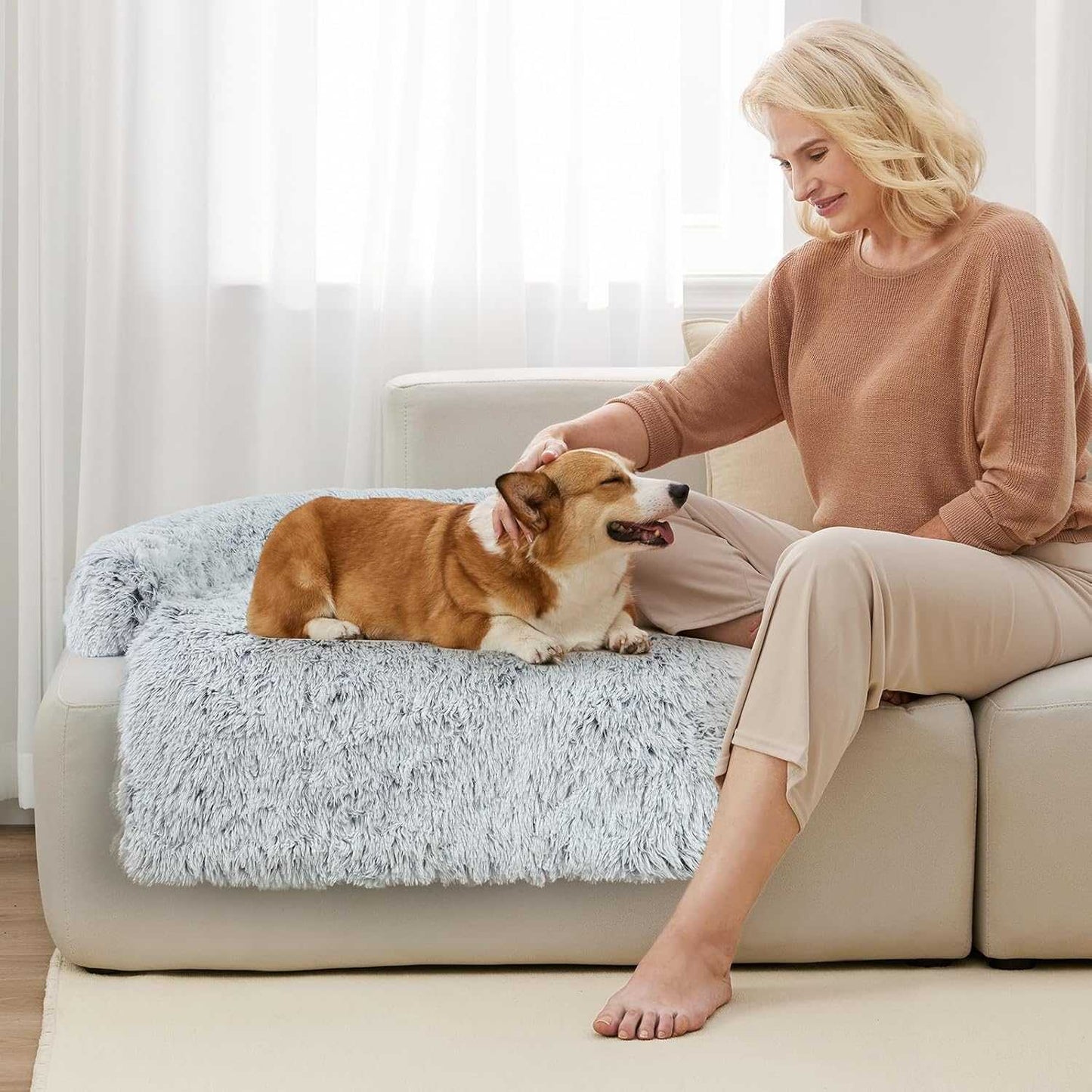 Luxurious Dog Couch Bed Protector for Dogs Memory Foam, Removable Fluffy Plush Pet Couch Cover for Dogs Washable, Calming Dog Sofa Beds, Waterproof Couch Protector, Pet Beds Mats for Couch(L)