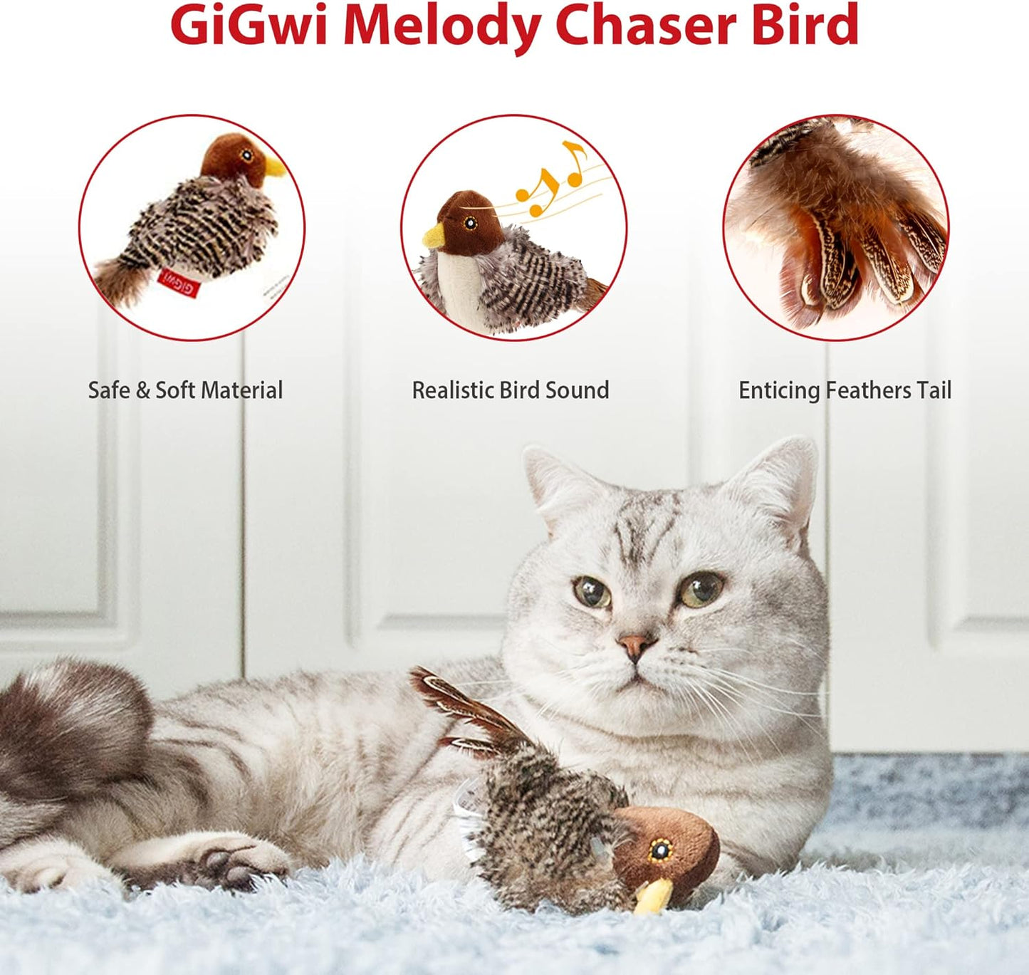 GiGwi Interactive Cat Toys Squeaky, Stimulated Chirping Bird Toy Making Noise,Automatic Chirp Bird Cat Toy with Feather Tail, Melody Chaser Play and Squeak Kitten Toy for Boredom