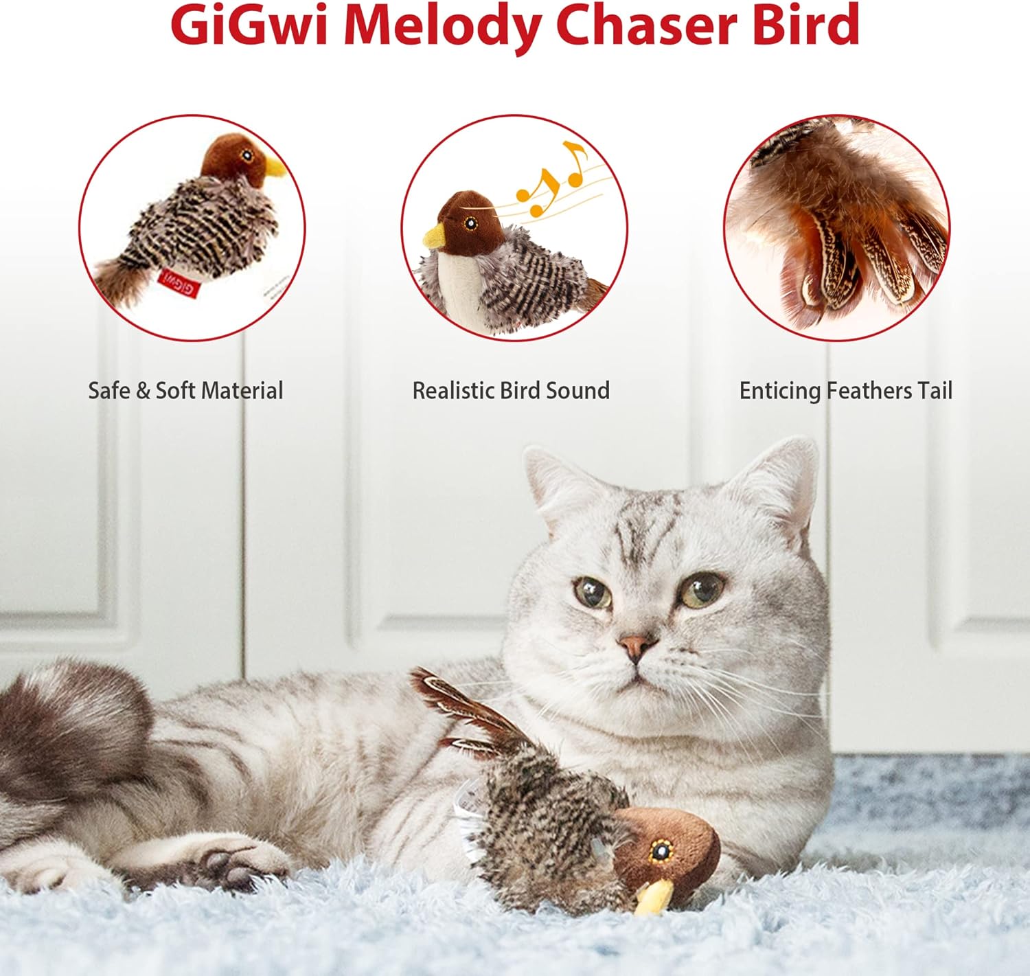 GiGwi Interactive Cat Toys Squeaky, Stimulated Chirping Bird Toy Making Noise,Automatic Chirp Bird Cat Toy with Feather Tail, Melody Chaser Play and Squeak Kitten Toy for Boredom