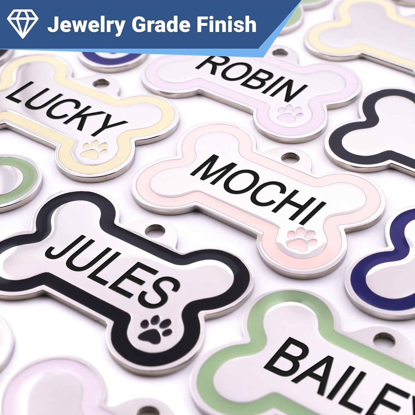 PetTags Stainless Steel Pet ID Bone Round and Heart Shaped Tags with Enamel Paw Design, Personalized Dog and Cat Tags