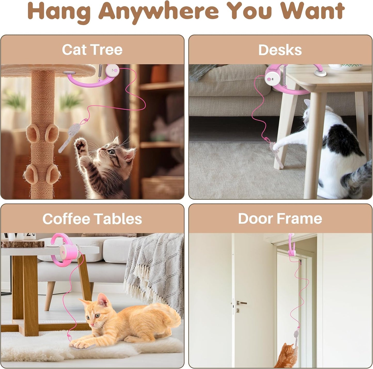 Cat Toy Interactive for Indoor Cats, Smart USB Rechargeable Door Hanging Automatic Retractable Kitten Toys, Teaser Electronic USB Self Play Feather Cat String Toy Attached with 3 Catnip Mice