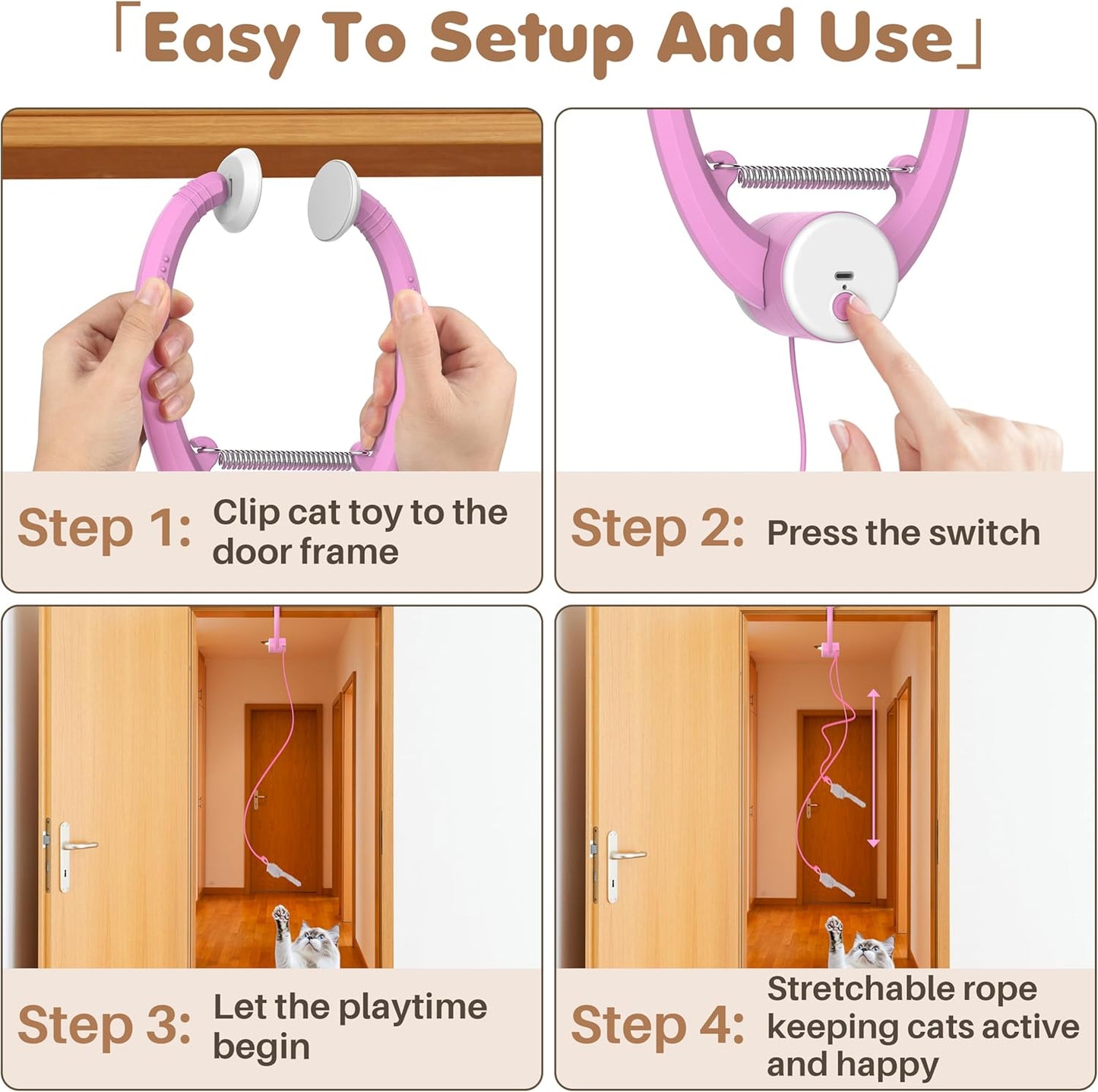 Cat Toy Interactive for Indoor Cats, Smart USB Rechargeable Door Hanging Automatic Retractable Kitten Toys, Teaser Electronic USB Self Play Feather Cat String Toy Attached with 3 Catnip Mice