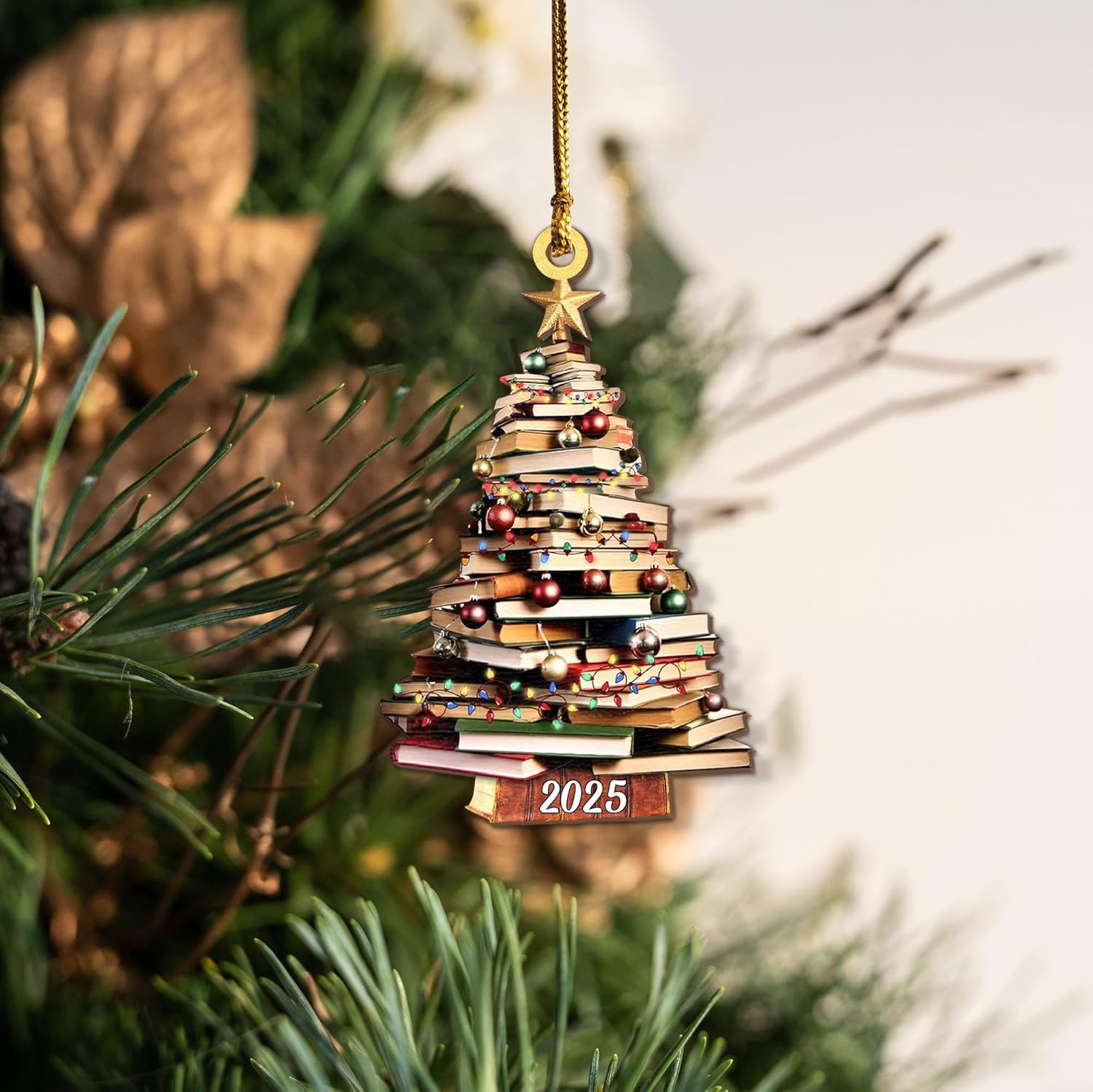 Pack 2 Book Tree Christmas Ornament (1 Wood+1 Acrylic), 2024 Bookworm Christmas Ornaments 2D Flat, Bookshelf Xmas Ornament, Gift for Lover Reading Teacher, Librarian, Book Nerd Friends Keepsake Gifts