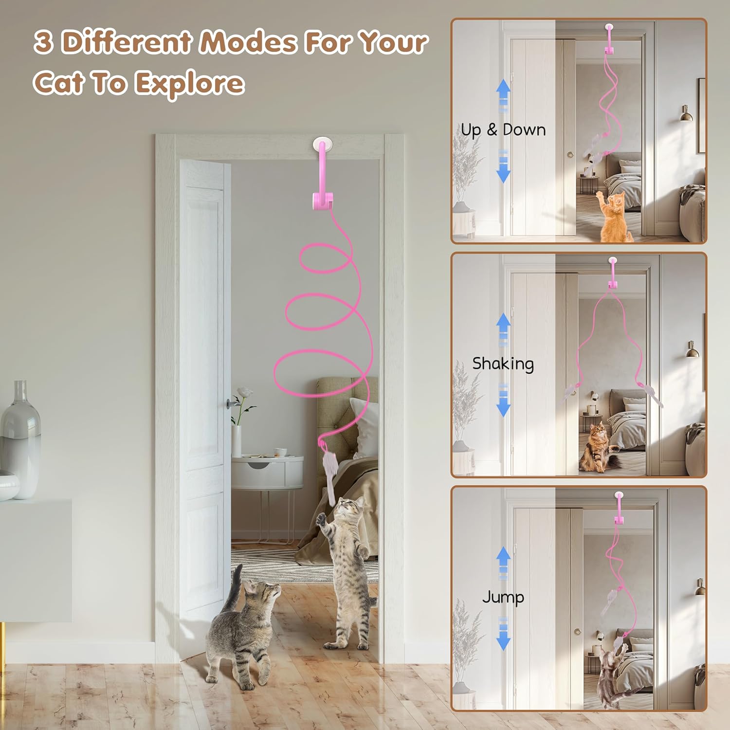 Cat Toy Interactive for Indoor Cats, Smart USB Rechargeable Door Hanging Automatic Retractable Kitten Toys, Teaser Electronic USB Self Play Feather Cat String Toy Attached with 3 Catnip Mice