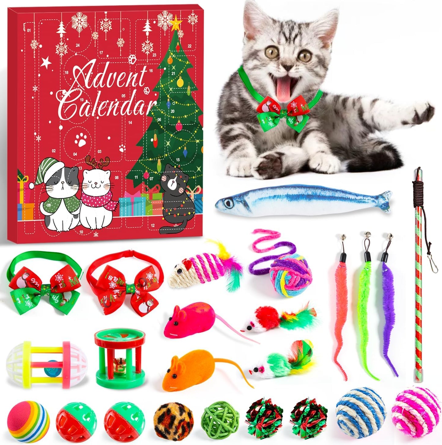 Cat Advent Calendar 2025, 24 Days Cat Toy Countdown Calendar Christmas Toys for Kitten with Catnip Toys, Mice, Xmas Gifts for Cat Lovers