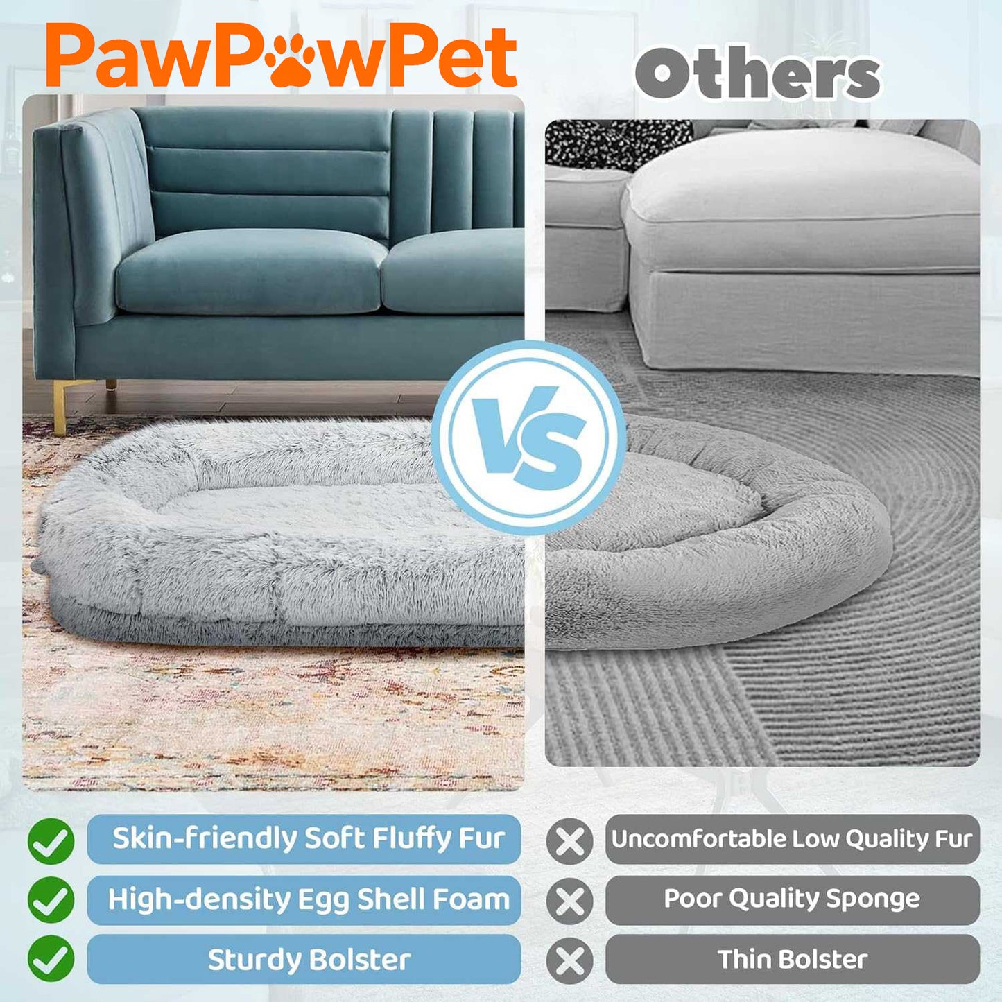 Human Dog Bed for Adults, 46 x 10 x 76 Long Human Size Dog Bed, Removable Cover, Orthopedic Design, [Light Grey]