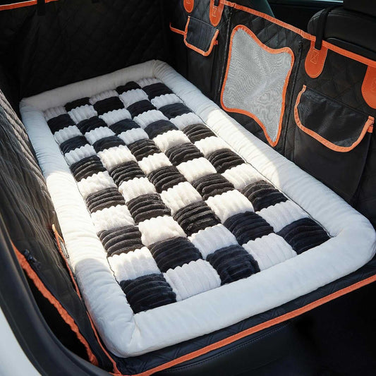 Soulbond Backseat Pet Bed Mat,Dog Bed for Car,Fuzzy Dog Seat Cover for Car Back Seat, Non-Slip Travel Pet Mat, Fit for Backseat Extenders and Seat Covers (White and Black)
