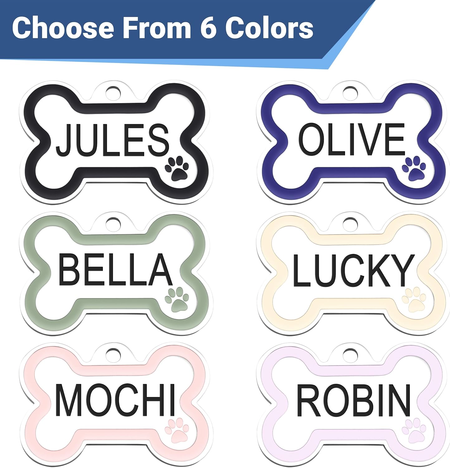 PetTags Stainless Steel Pet ID Bone Round and Heart Shaped Tags with Enamel Paw Design, Personalized Dog and Cat Tags