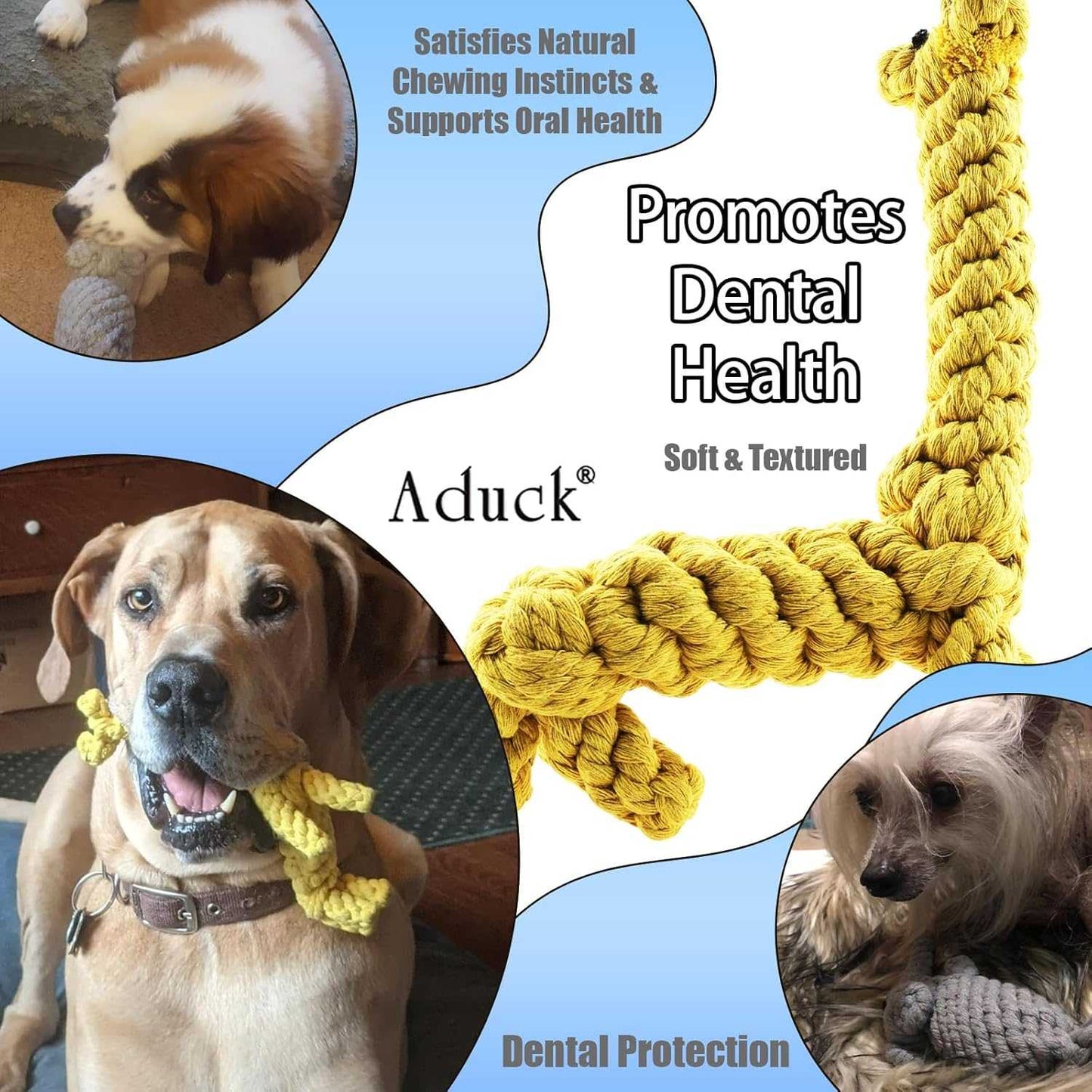 ADUCK Puppy Dog Rope Toy for Teeth Cleaning, Chew-Proof Dental Care & Interactive Training Reward | Durable Cotton Gray Elephant & Yellow Giraffe for Small & Medium Dogs