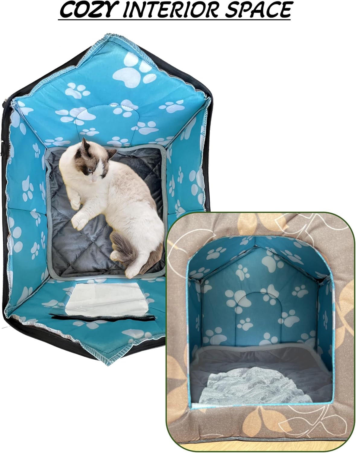 Outdoor Indoor Winter Pet House with Self Warming Pad & Transparent Curtain, Weatherproof Heat Insulated Shelter Enclosure for Cats Dogs Rabbits, Portable Collapsible Waterproof Tent for Feral Animals