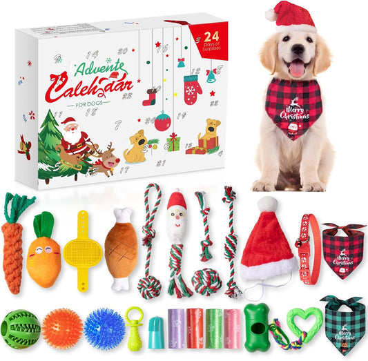 Advent Calendar 2025, Dog Advent Calendar 2025, 24 Days Dog Toy Christmas Countdown Calendar with Chew Ropes Toys Squeaky Balls Teething Toys Christmas Toy Gift for Xmas Small Large Dog Puppy Pet