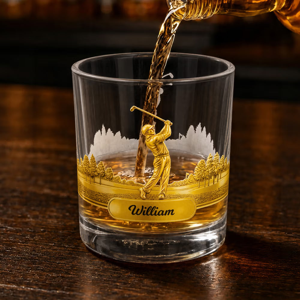 Personalised Golf Swing Character Name 10 oz Rock Old Fashioned Whisky Glass Father's Day Birthday Gift for Man Golf Lover