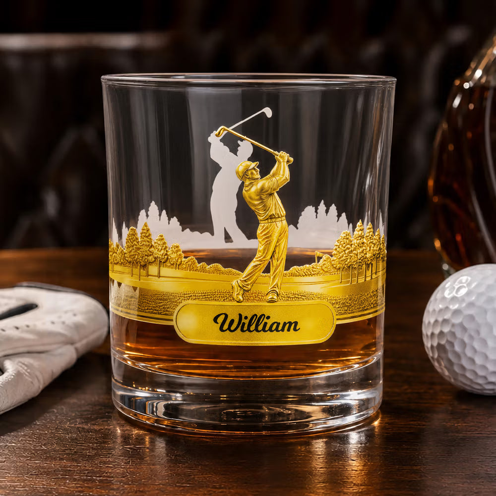 Personalised Golf Swing Character Name 10 oz Rock Old Fashioned Whisky Glass Father's Day Birthday Gift for Man Golf Lover