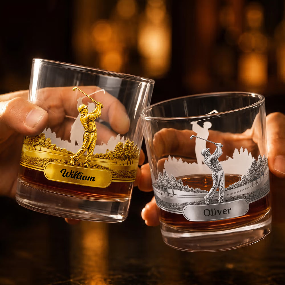 Personalised Golf Swing Character Name 10 oz Rock Old Fashioned Whisky Glass Father's Day Birthday Gift for Man Golf Lover