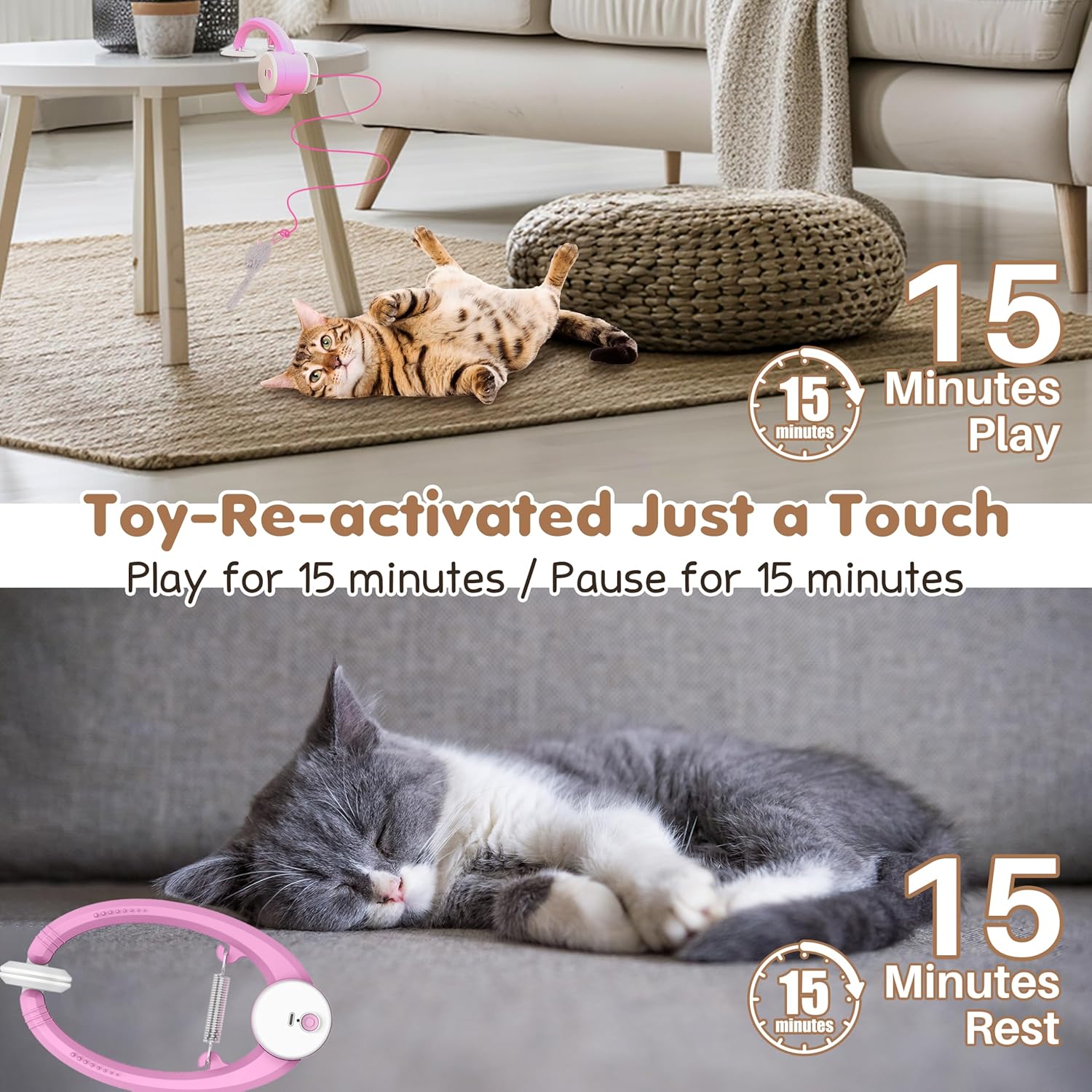 Cat Toy Interactive for Indoor Cats, Smart USB Rechargeable Door Hanging Automatic Retractable Kitten Toys, Teaser Electronic USB Self Play Feather Cat String Toy Attached with 3 Catnip Mice
