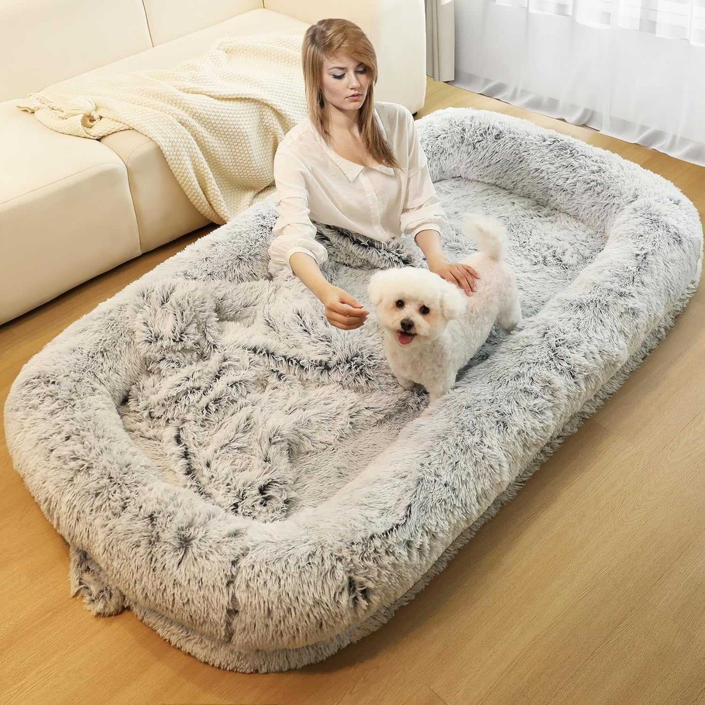 Human Dog Bed for Adults, 46 x 10 x 76 Long Human Size Dog Bed, Removable Cover, Orthopedic Design, [Light Grey]
