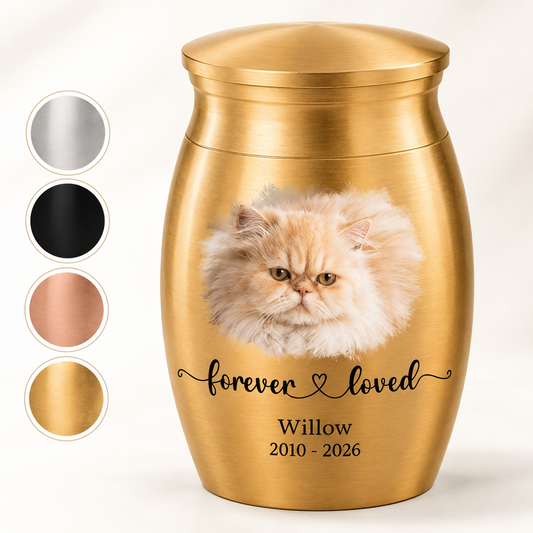 Forever Loved Photo Mini Urn – Personalized Pet Memorial Urn, Custom Dog Cat Ashes Keepsake with Name & Year