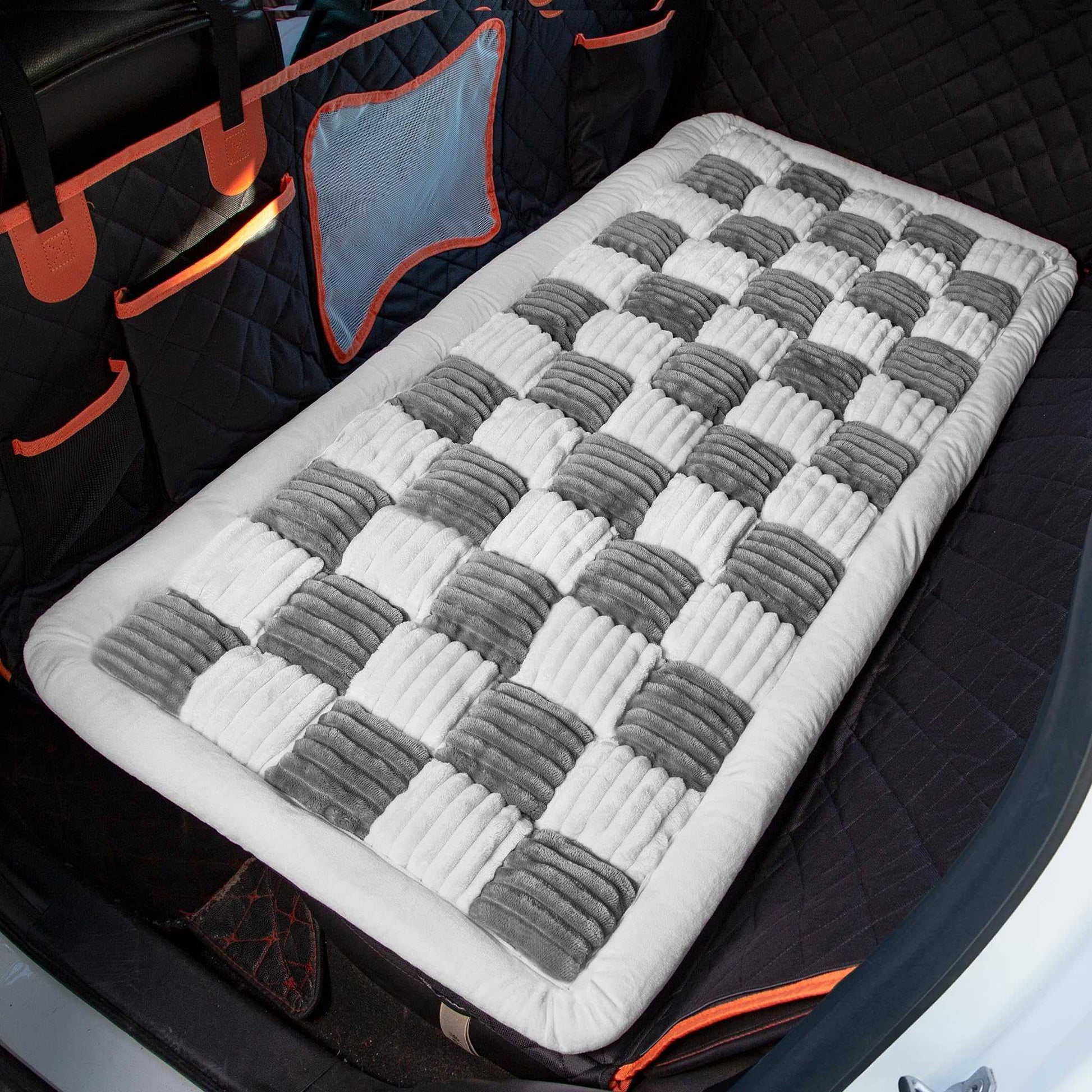 Soulbond Backseat Pet Bed Mat,Dog Bed for Car,Fuzzy Dog Seat Cover for Car Back Seat, Non-Slip Travel Pet Mat, Fit for Backseat Extenders and Seat Covers (White and Black)