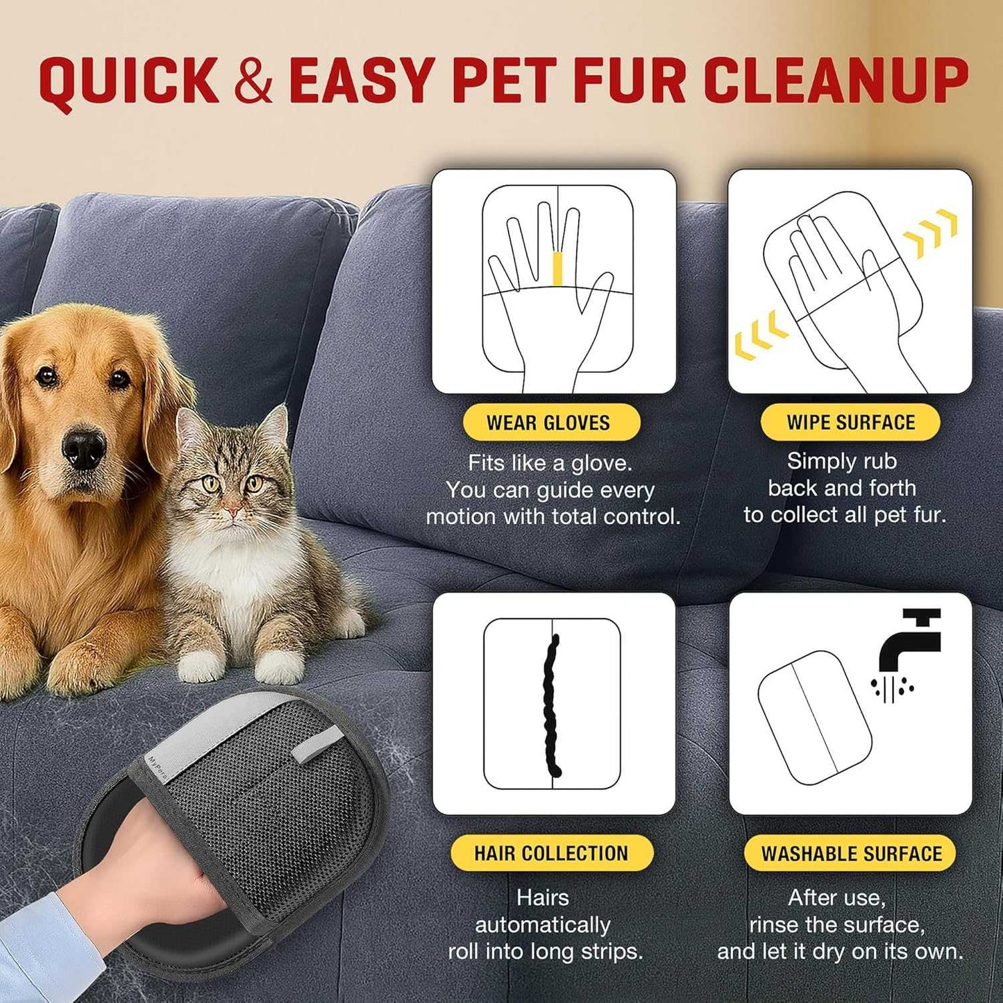 Pet Hair Remover Gloves for Cats & Dogs, Electrostatic Pet Hair Removal Gloves Brush for Pets Hair, Upgraded Animal Fur Removal Tool, Reusable Cats & Dogs Grooming Gloves for Hair Removal (1)