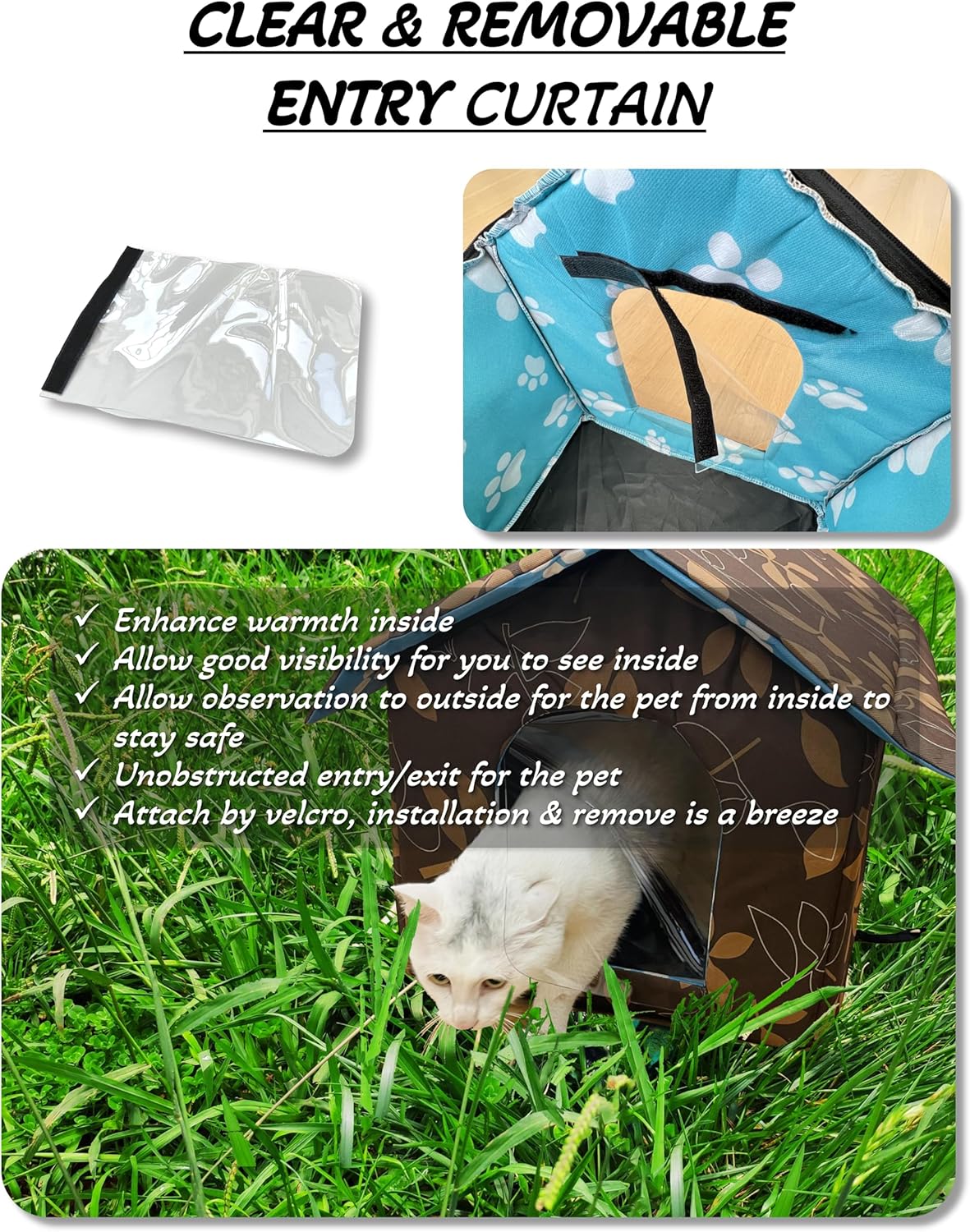 Outdoor Indoor Winter Pet House with Self Warming Pad & Transparent Curtain, Weatherproof Heat Insulated Shelter Enclosure for Cats Dogs Rabbits, Portable Collapsible Waterproof Tent for Feral Animals