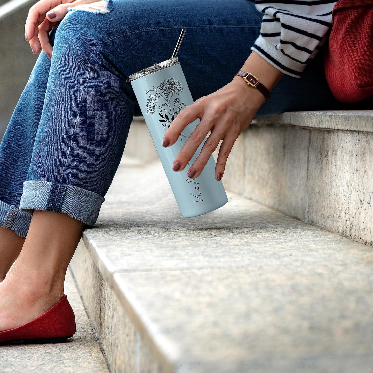 Birthday Gifts for Women, Personalized Tumblers with Birth Flower and Name, 10 Colors - 20 Oz, Skinny Tumblers for Women