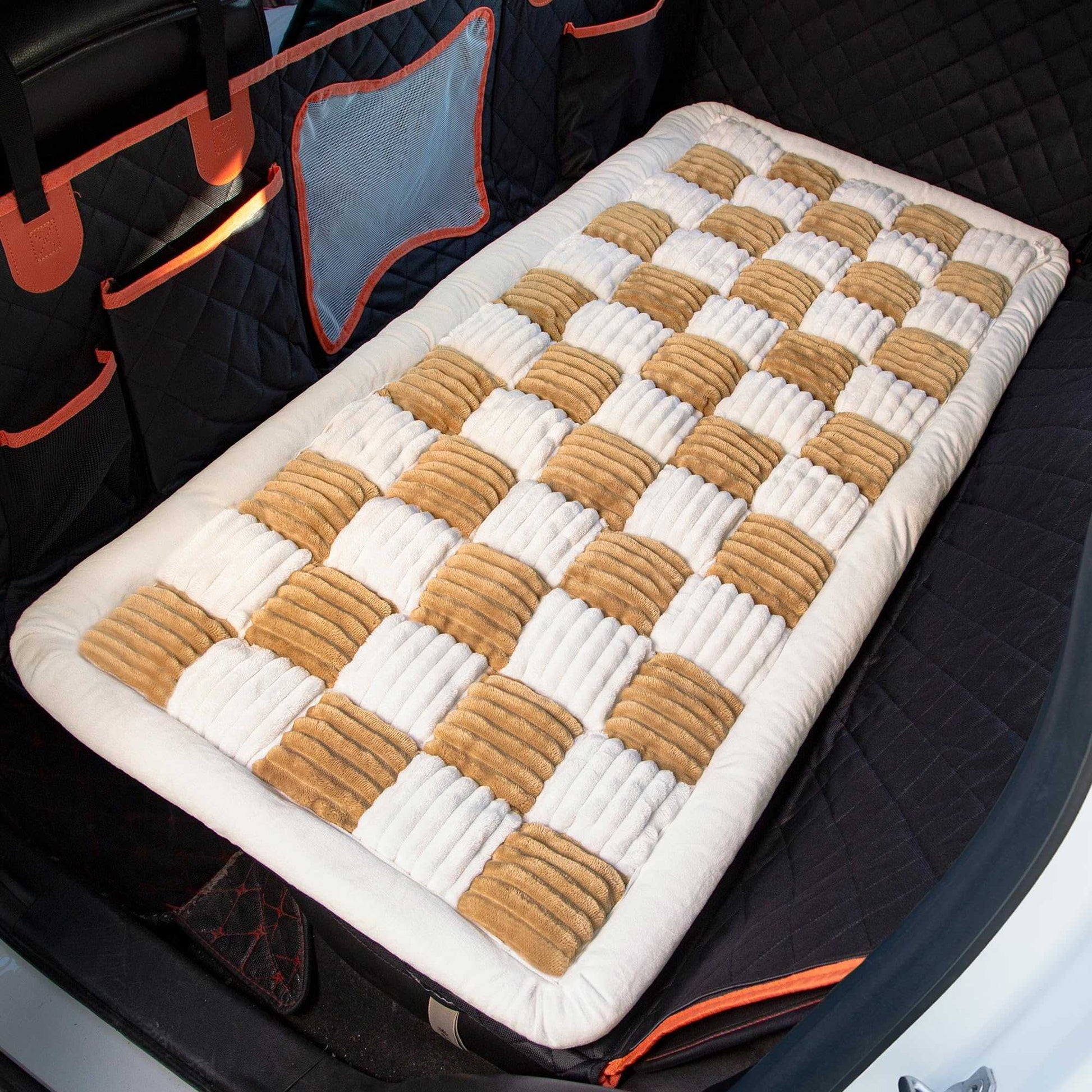 Soulbond Backseat Pet Bed Mat,Dog Bed for Car,Fuzzy Dog Seat Cover for Car Back Seat, Non-Slip Travel Pet Mat, Fit for Backseat Extenders and Seat Covers (White and Black)