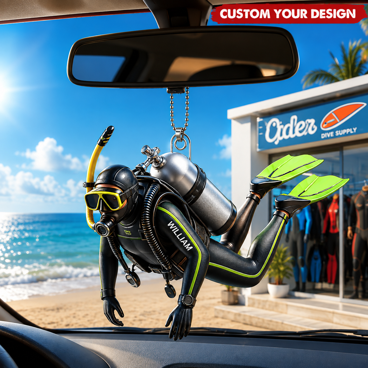 Personalized Scuba Diver Car 3D Effect Ornament, Custom Acrylic Diving Car Hanging Ornament with Name, Scuba Diving Gift for Divers